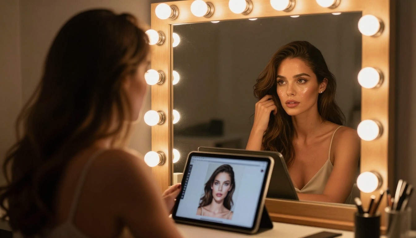 Glamorous woman with copper-toned skin at an illuminated vanity mirror surrounded by warm bulb lighting, her reflection visible