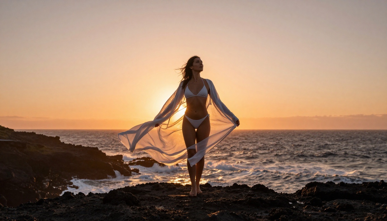 Woman in white sheer cover-up on coastal cliff edge at golden hour, photorealistic low-angle
