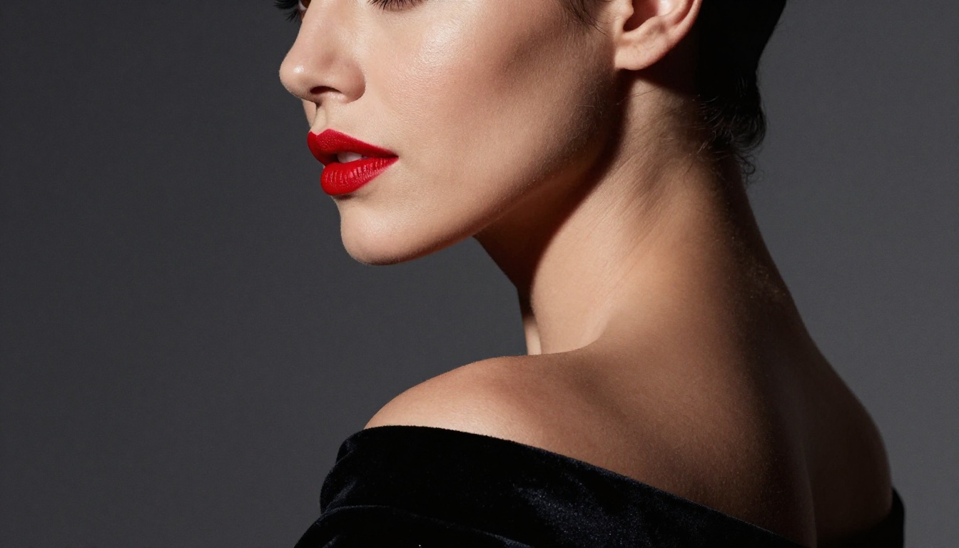 Side profile portrait woman in black velvet dress, bold red lipstick, Rembrandt studio lighting