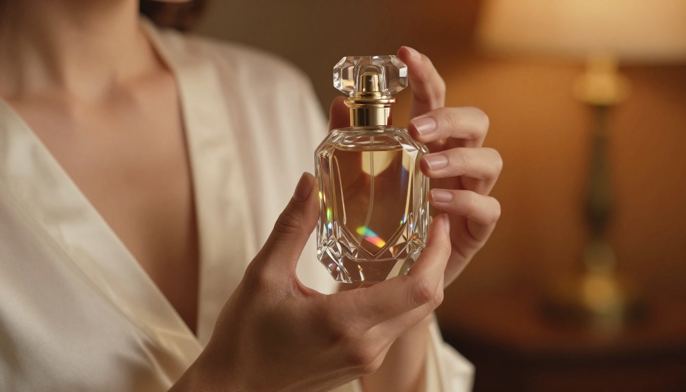 Close-up of woman's hand holding crystal perfume bottle, ivory satin robe, amber bokeh Close-up of woman's hand holding crystal perfume bottle, ivory satin robe, amber bokeh