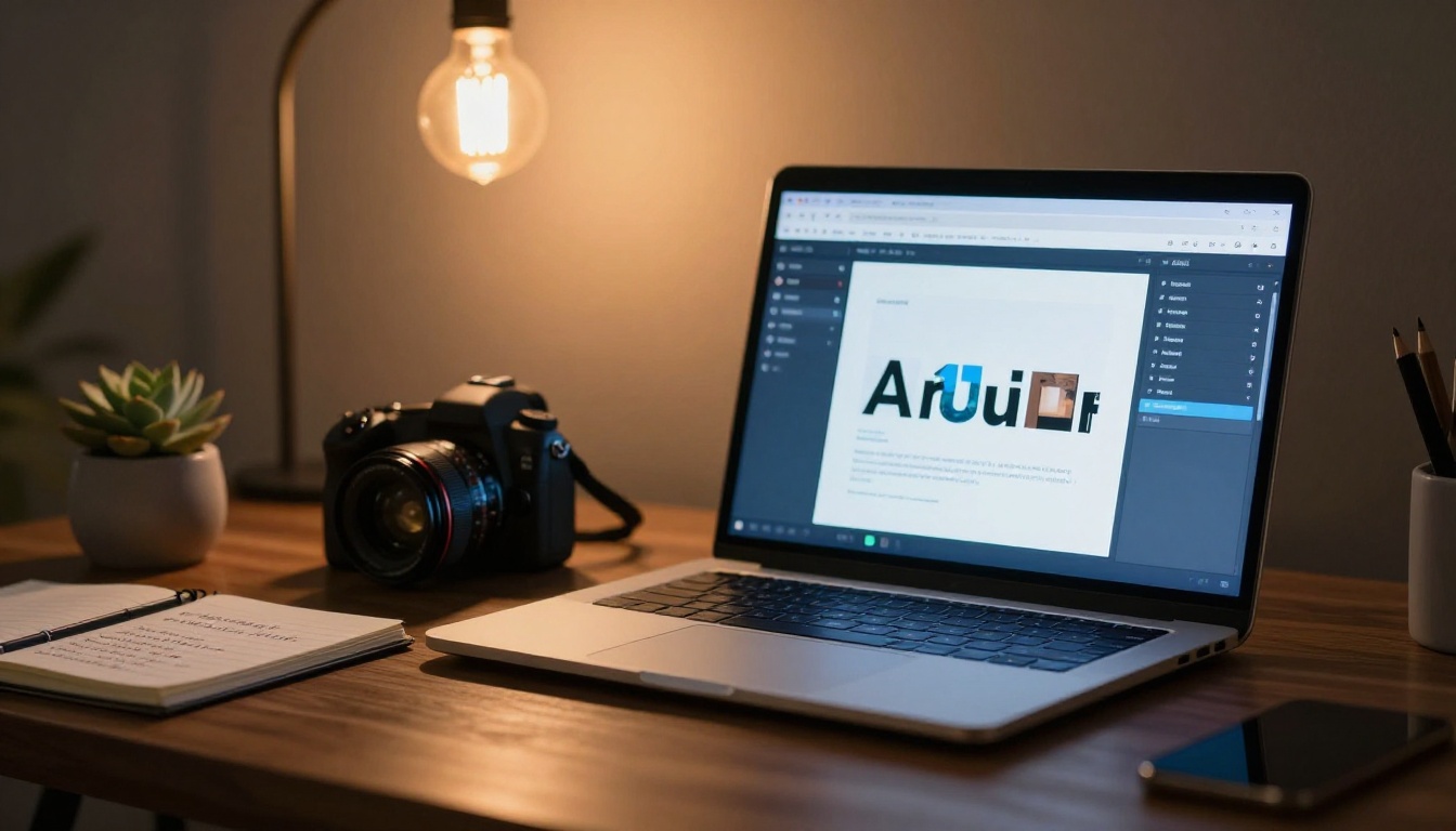 Modern creative studio with laptop showing AI image interface, warm Edison bulb lighting Modern creative studio with laptop showing AI image interface, warm Edison bulb lighting