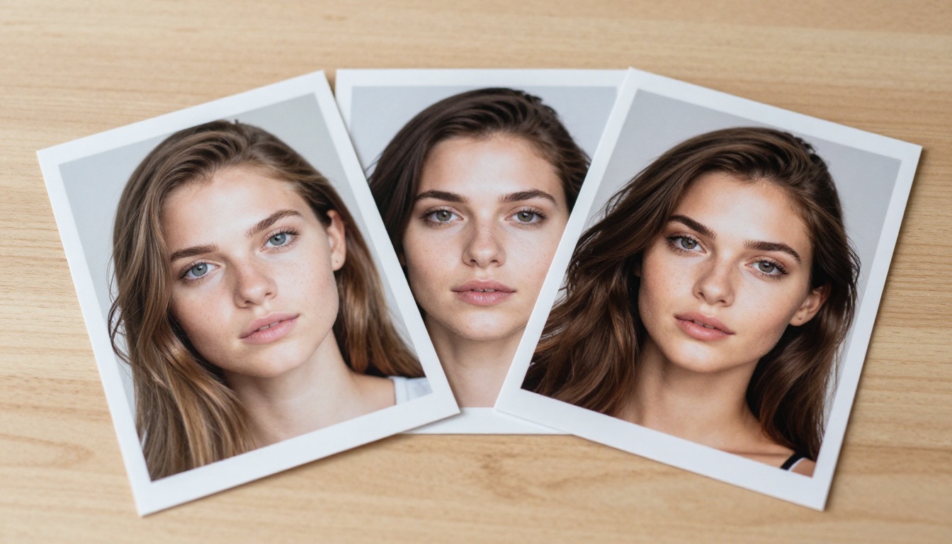 Three printed photographs on oak table showing different AI image quality levels, overhead shot Three printed photographs on oak table showing different AI image quality levels, overhead shot