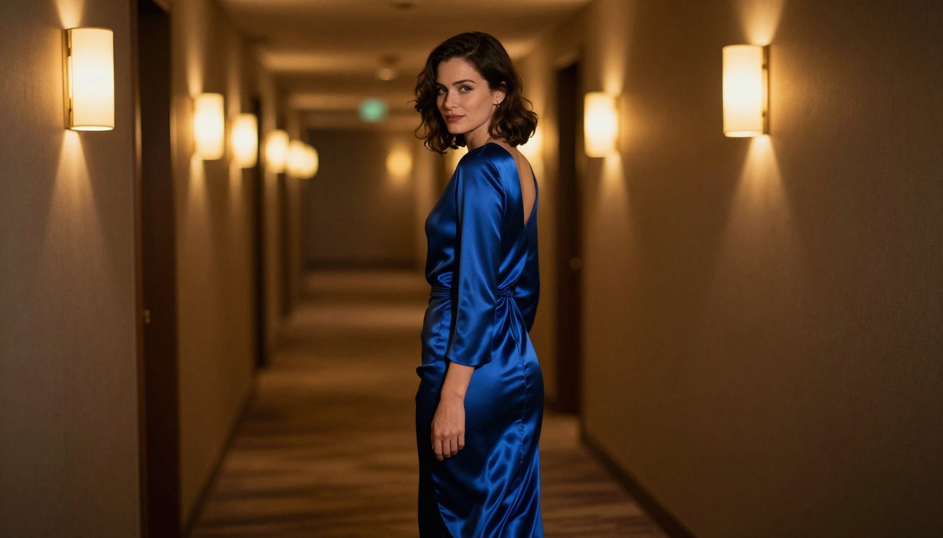 Woman in sapphire blue silk evening dress in hotel corridor looking back, cinematic lighting Woman in sapphire blue silk evening dress in hotel corridor looking back, cinematic lighting