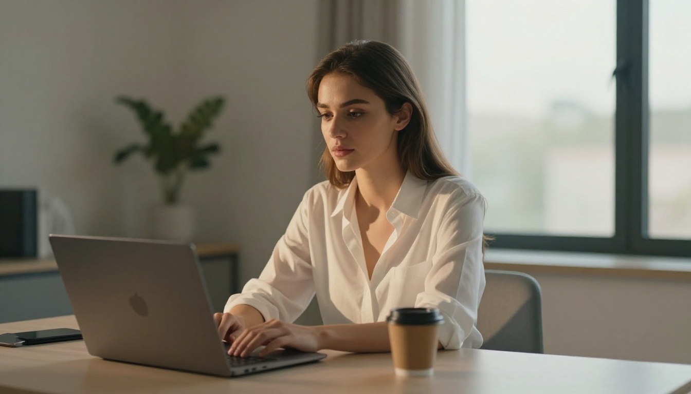 AI companion app interface showing a woman at a desk in morning light