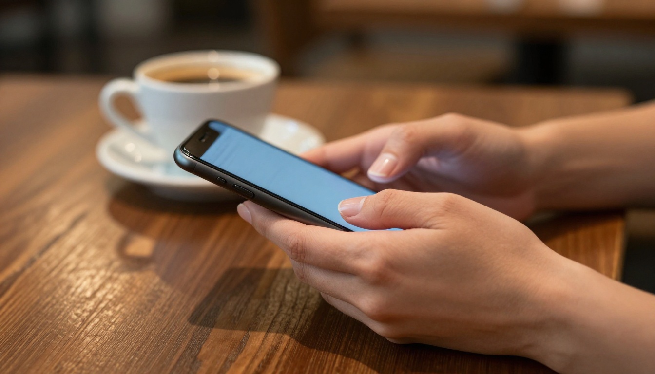 Woman holding smartphone in a warmly lit café