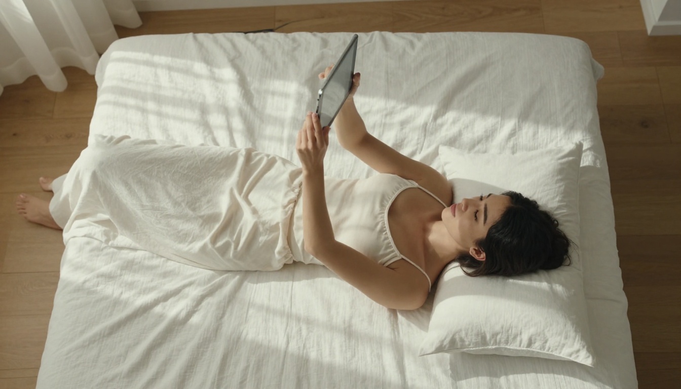 Young woman lying on white linen bed reading a tablet