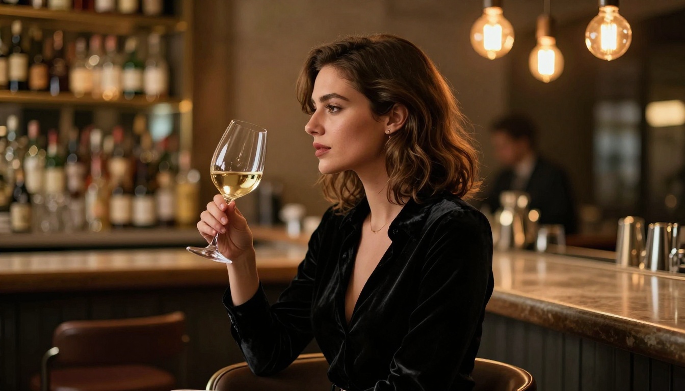 Woman at a bar counter in warm amber evening light