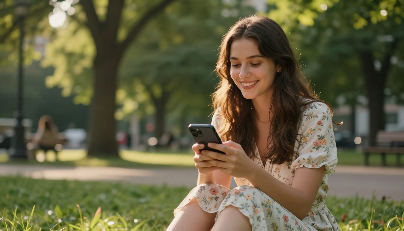 Woman in summer dress smiling at phone in sunlit park