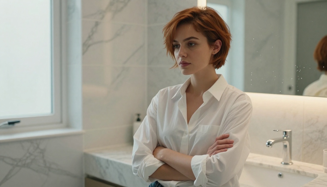 Confident woman in modern marble bathroom editorial photography