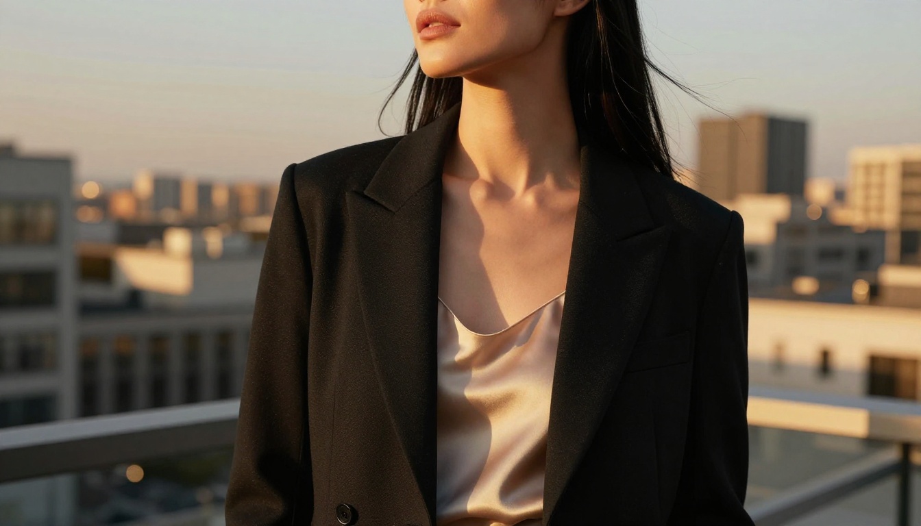 Low-angle rooftop fashion editorial shot of confident creator