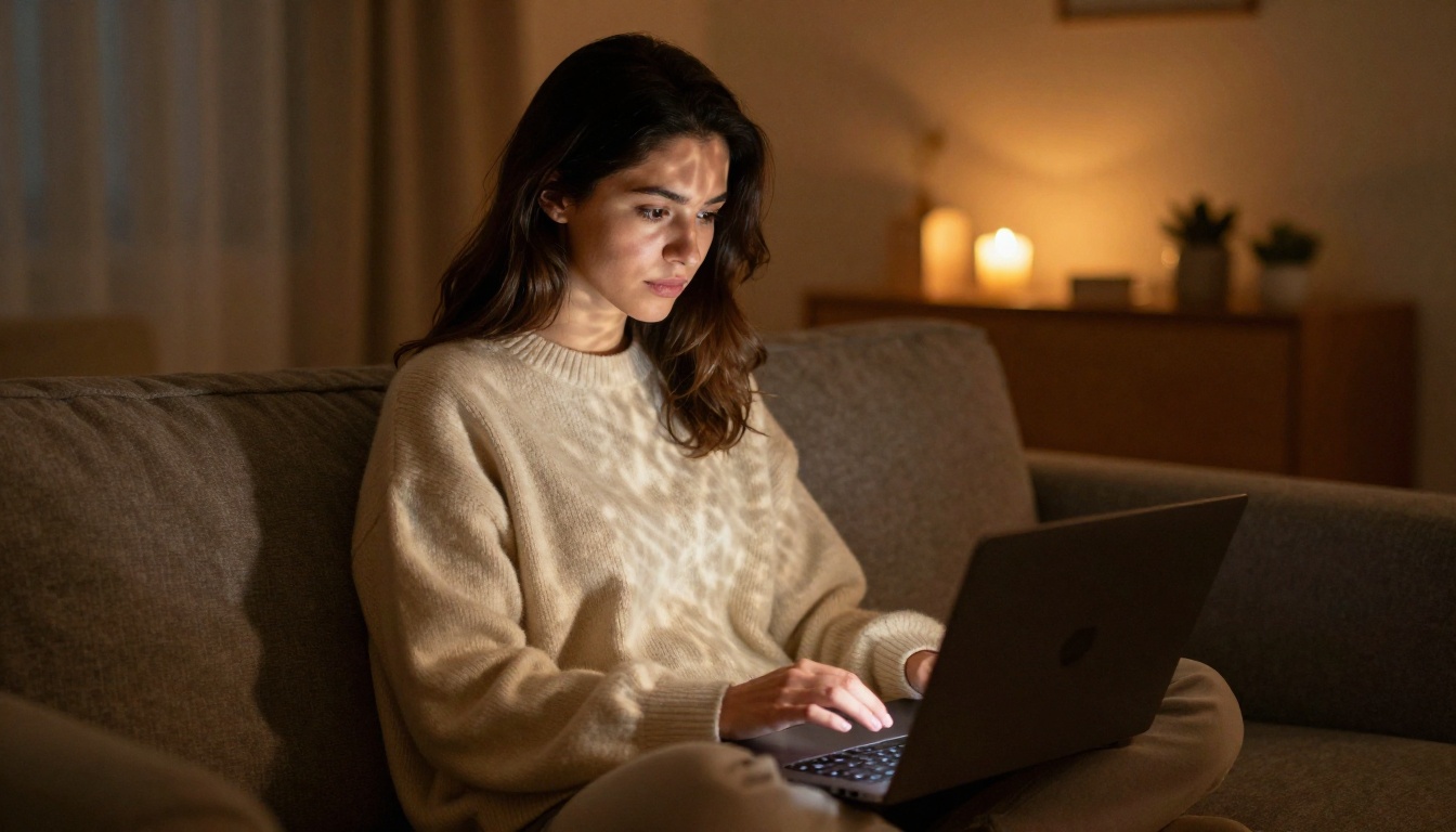 Woman sitting on couch with laptop in candlelit apartment at night Woman sitting on couch with laptop in candlelit apartment at night