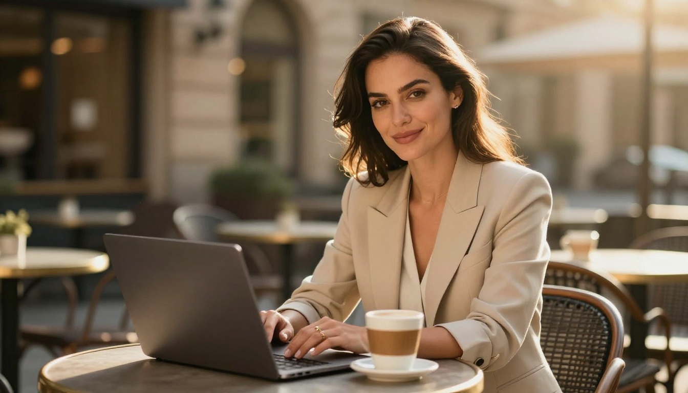 Woman at outdoor café table with laptop in golden afternoon light Woman at outdoor café table with laptop in golden afternoon light