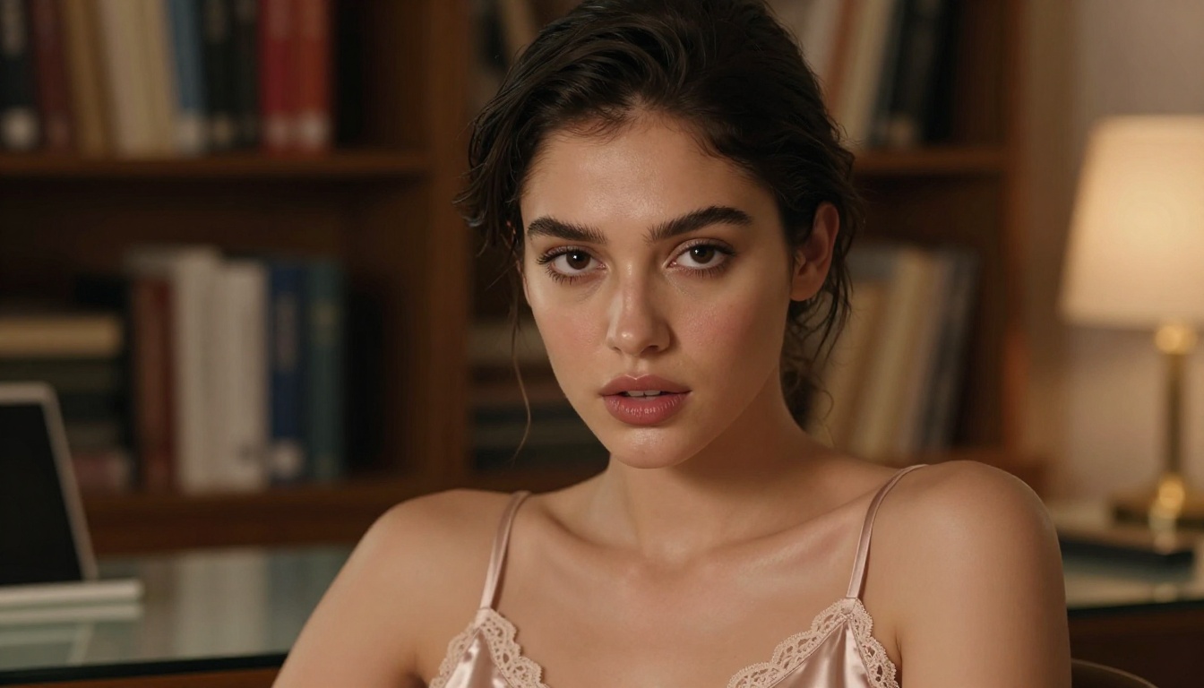 A confident woman gazing directly into camera, warm rose-gold studio light, satin camisole, shallow depth of field