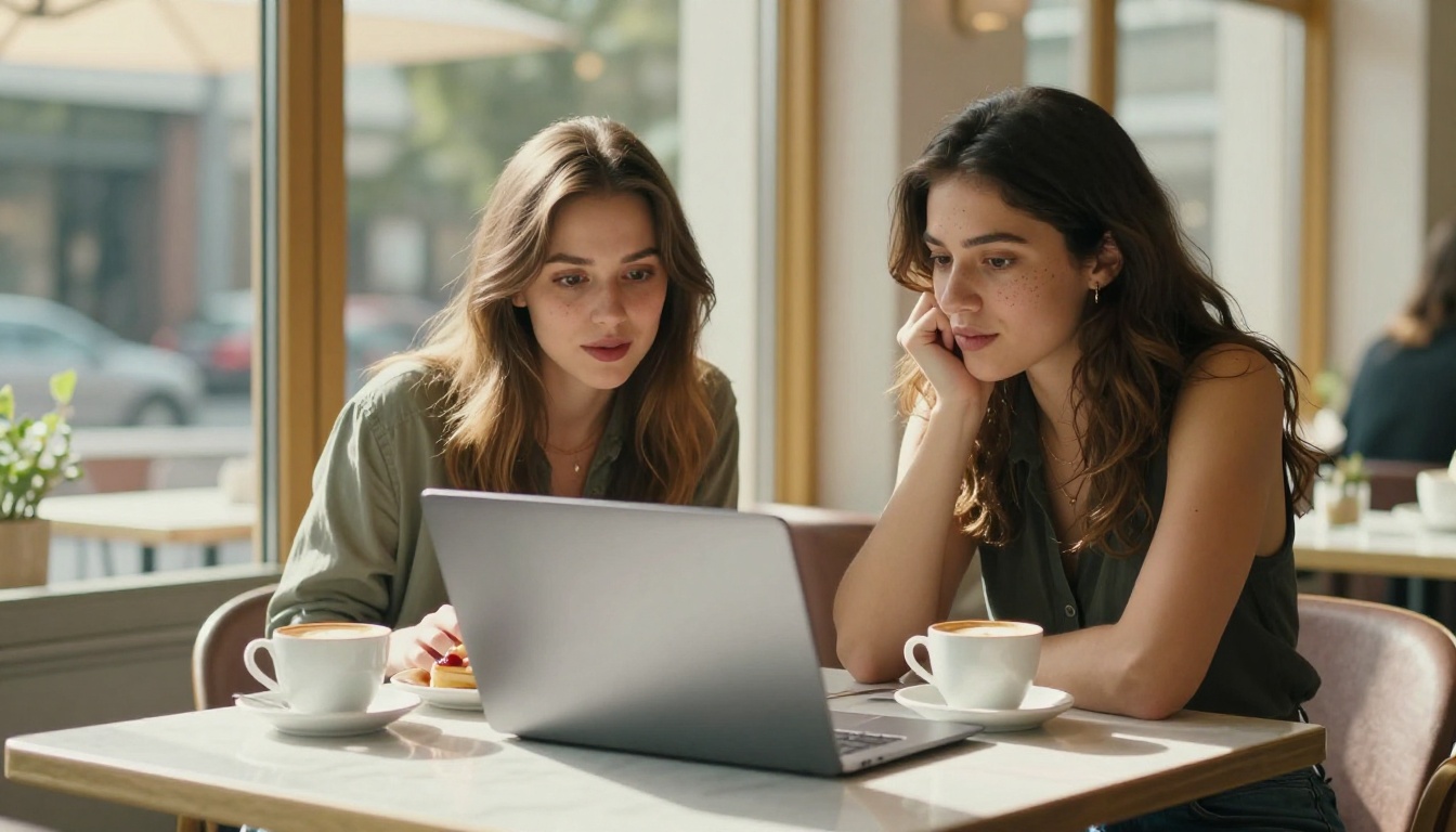 Two women sharing a laptop screen at a bright cafe, afternoon sunlight through floor-to-ceiling windows