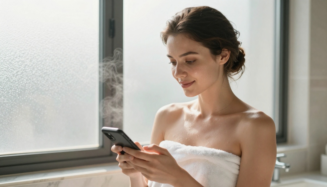 Beautiful woman wrapped in towel glancing at phone, soft frosted window light, marble bathroom counter