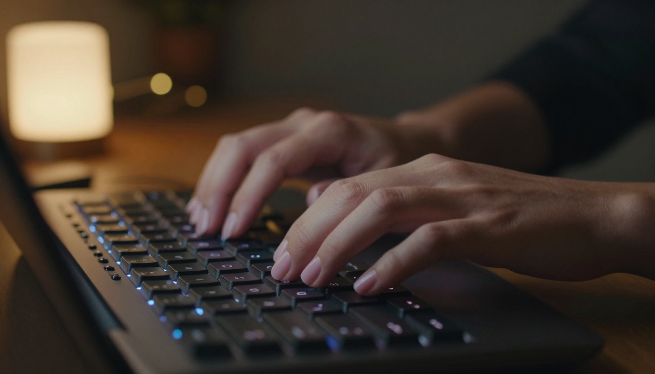 Intimate close-up of manicured hands typing on mechanical keyboard, warm amber accent light, moody dark room