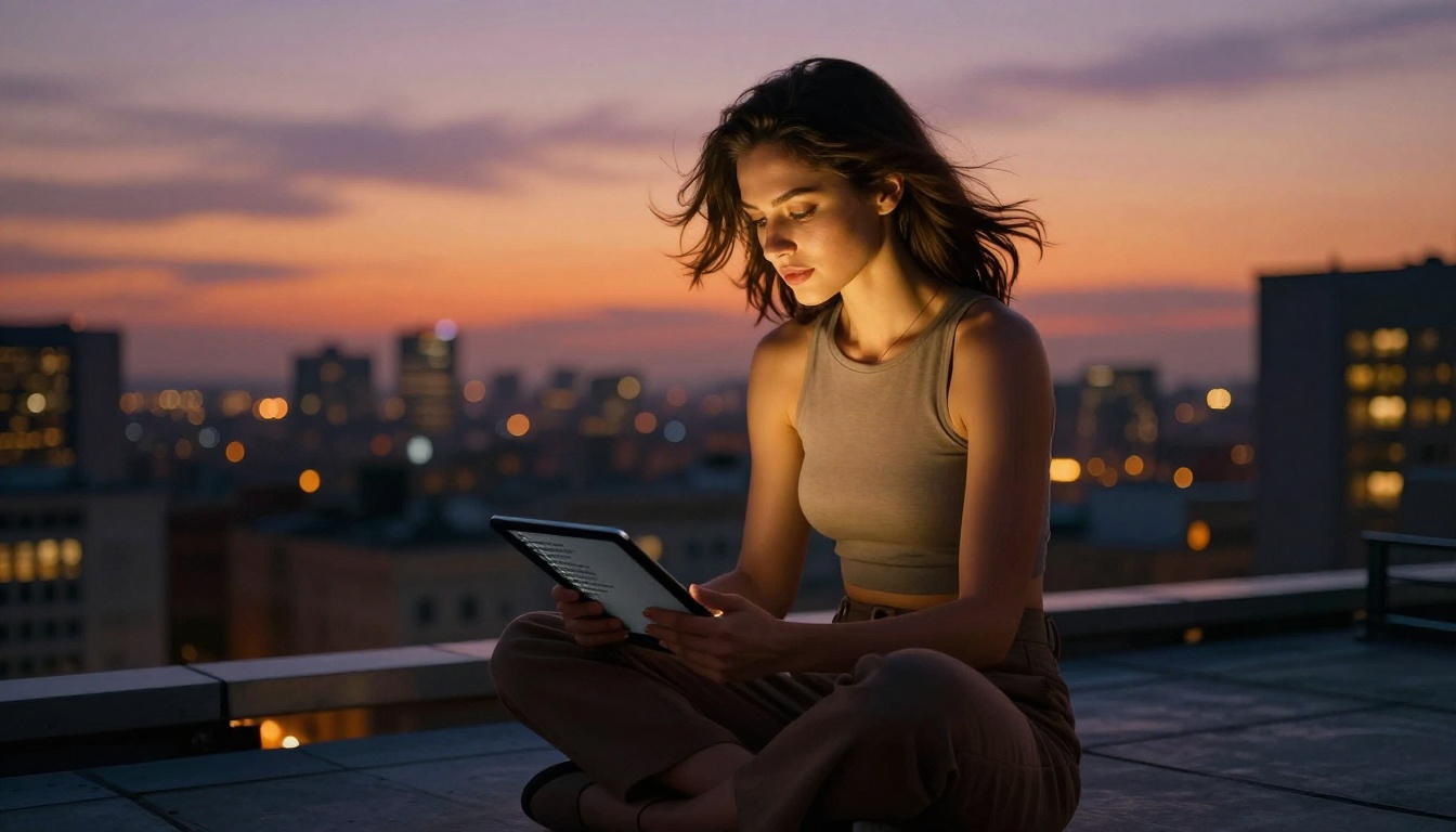 A stylish woman on a rooftop terrace at dusk, city skyline glowing behind her, holding a tablet
