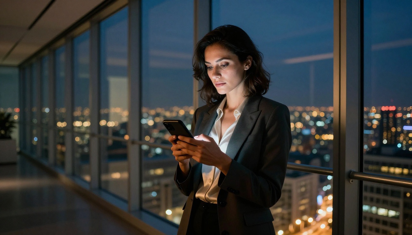 Confident woman in tailored blazer before floor-to-ceiling city-view windows at night, warm gold front light