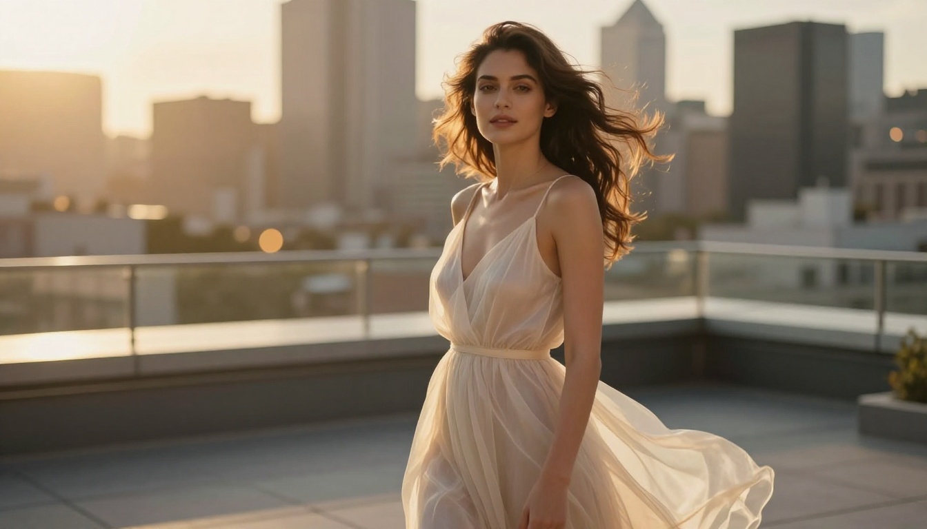 A confident woman standing in golden hour sunlight on a rooftop terrace in a cosmopolitan city