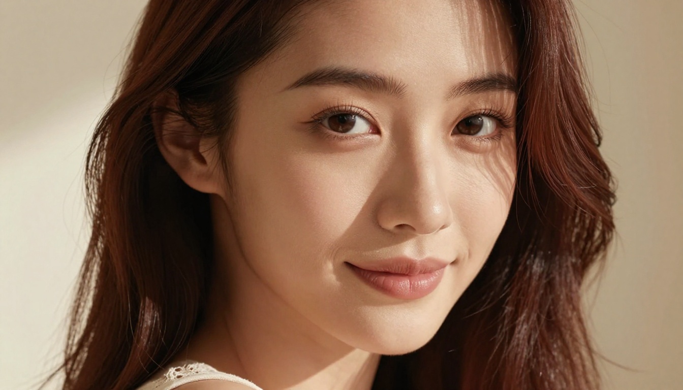 Close-up portrait of a stunning woman with flawless skin and expressive eyes