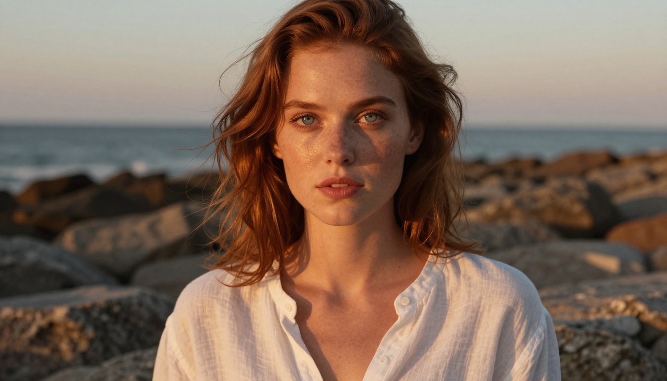 Close-up portrait at golden hour on rocky shoreline