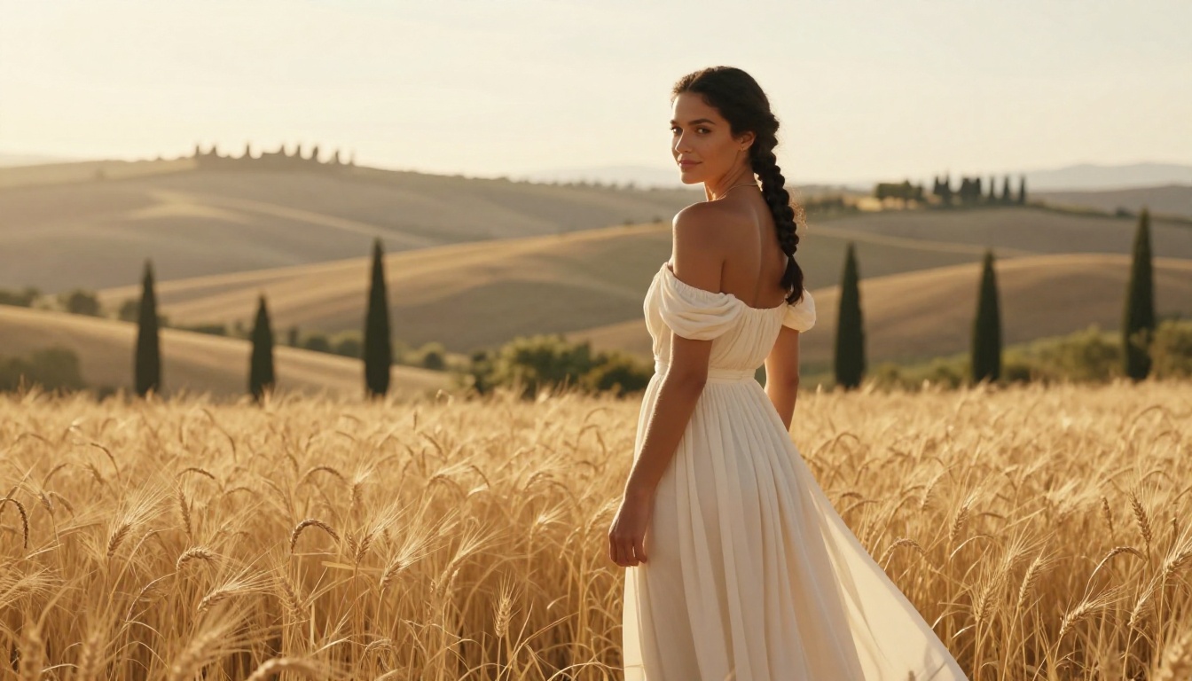 Elegant woman in Tuscany wheat fields at sunset