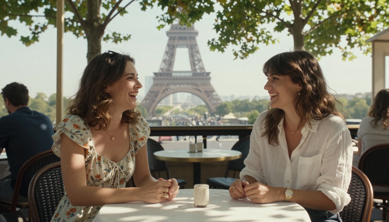 Two women in stylish summer outfits sitting at a sunlit cafe terrace in Paris Two women in stylish summer outfits sitting at a sunlit cafe terrace in Paris