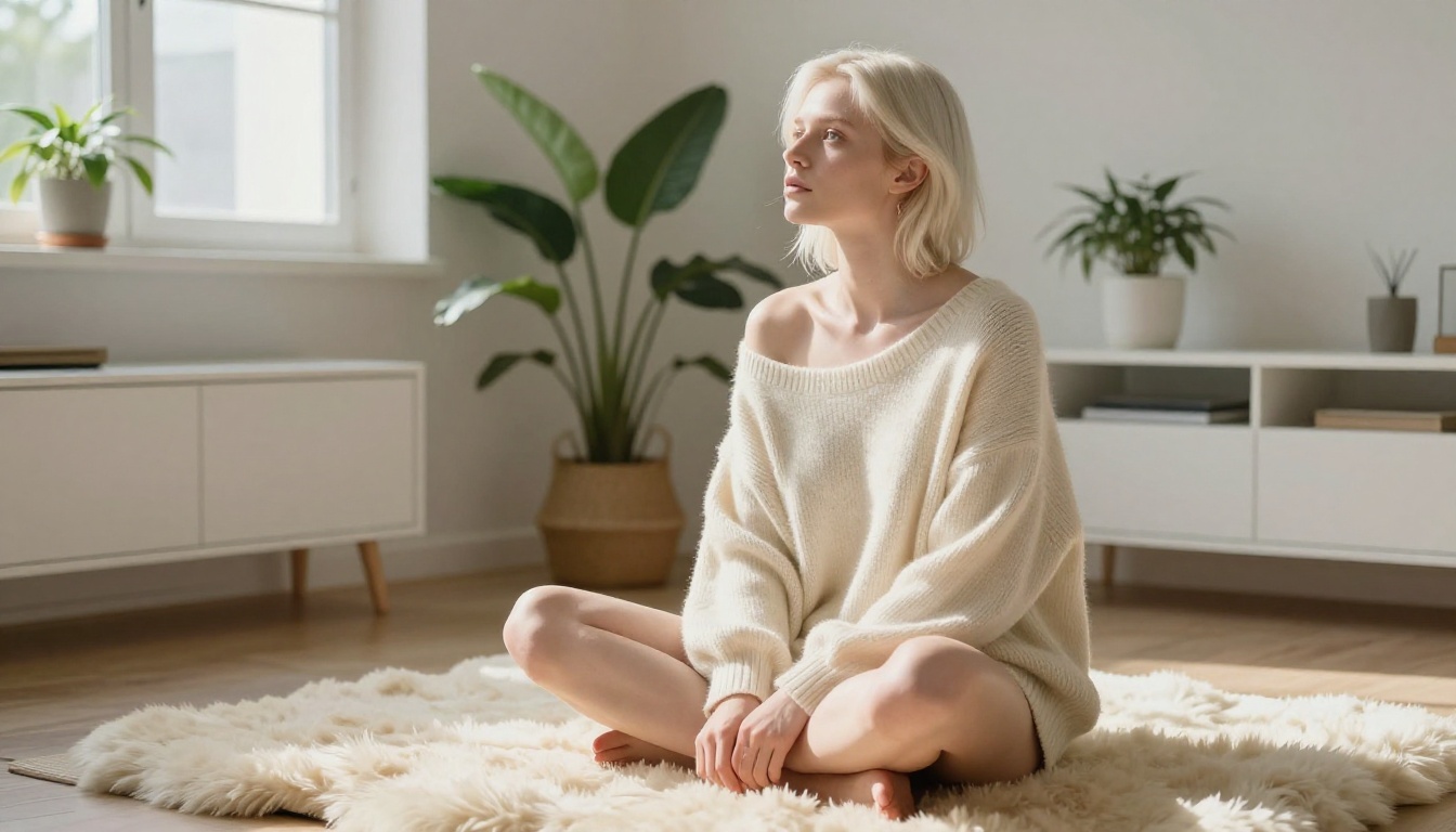 Woman in Scandinavian living room on cream sheepskin rug