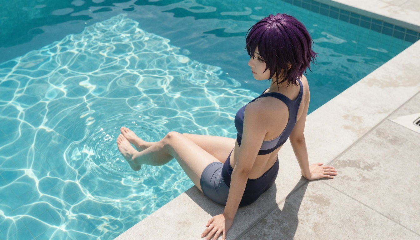 Rooftop pool scene with anime aesthetic
