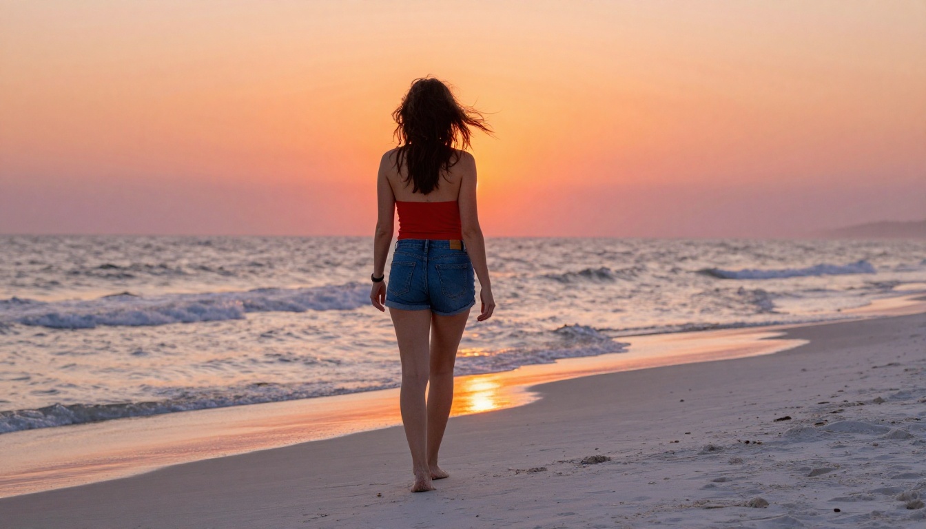Sun-kissed woman in a red halter top walking barefoot on a white sand beach at magic hour Sun-kissed woman in a red halter top walking barefoot on a white sand beach at magic hour
