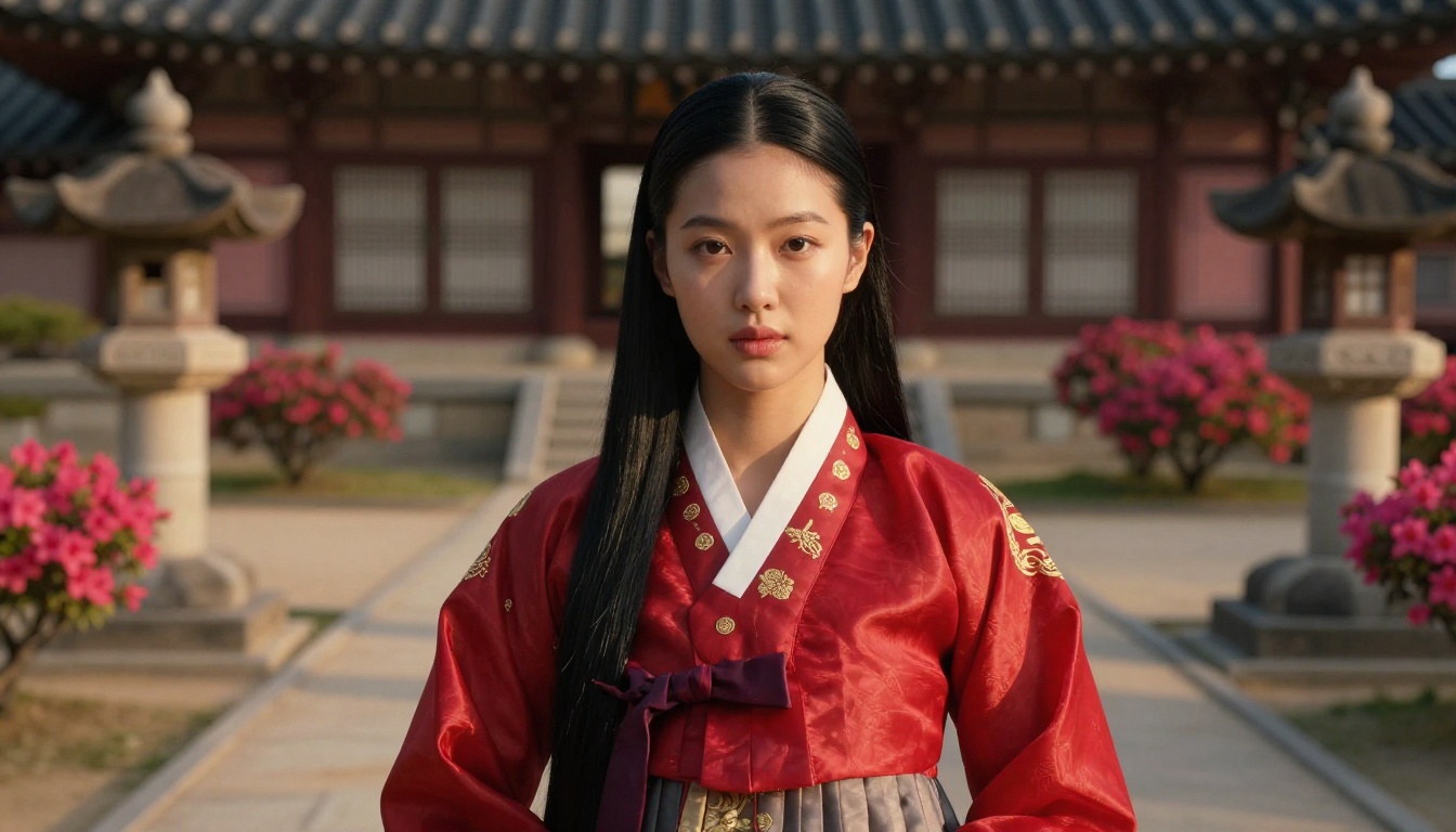 Korean hanbok anime character in palace courtyard