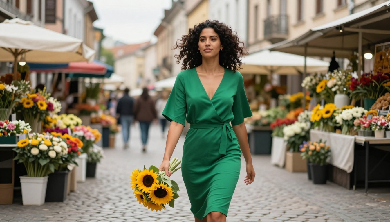 Woman with dark curly hair walking through flower market in cobblestone square