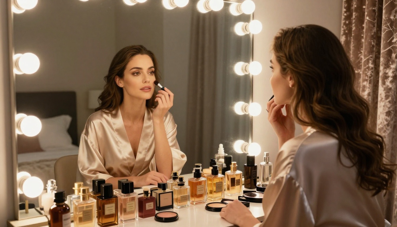 Glamorous woman seated in front of a large vanity mirror surrounded by soft warm ring-light glow Glamorous woman seated in front of a large vanity mirror surrounded by soft warm ring-light glow