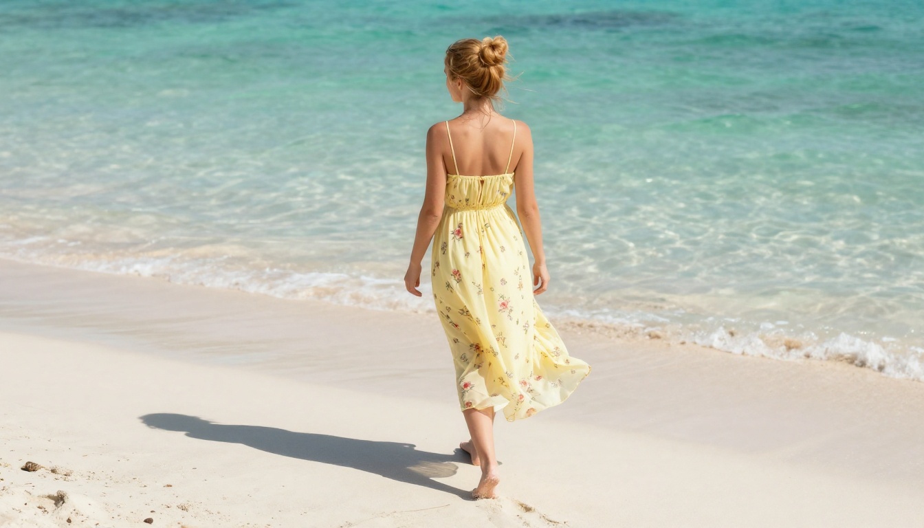 Anime woman in sundress on Mediterranean beach