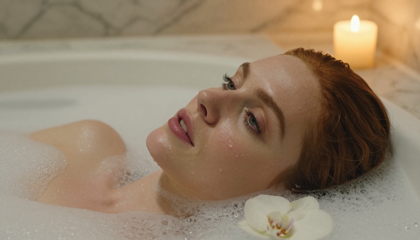 Red-haired woman with bare shoulders visible above bubble bath in marble bathroom