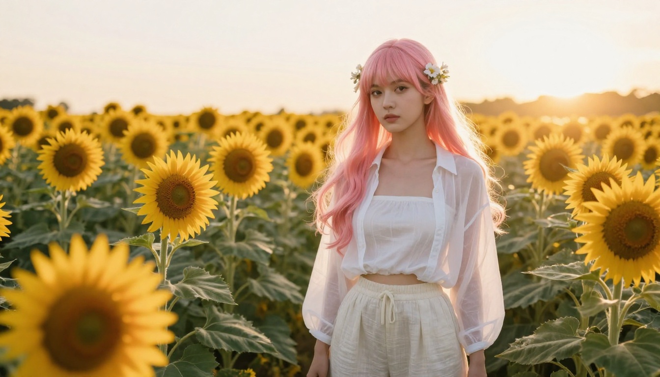 Anime woman in sunflower field at golden hour