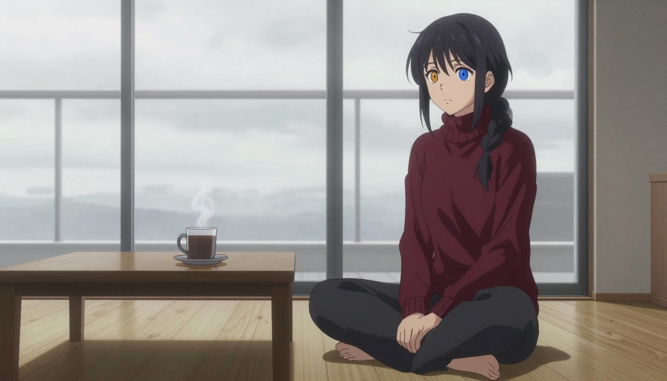 Anime woman with heterochromatic eyes in modern apartment