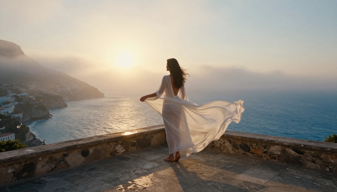 Woman in flowing sheer white fabric on an Amalfi coast terrace at sunrise Woman in flowing sheer white fabric on an Amalfi coast terrace at sunrise