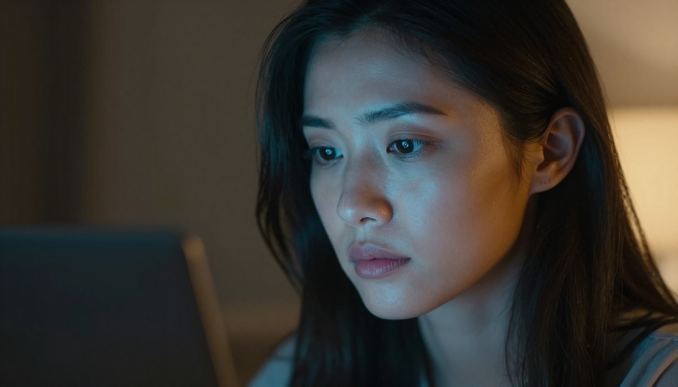 Woman studying laptop screen with cinematic dual-light