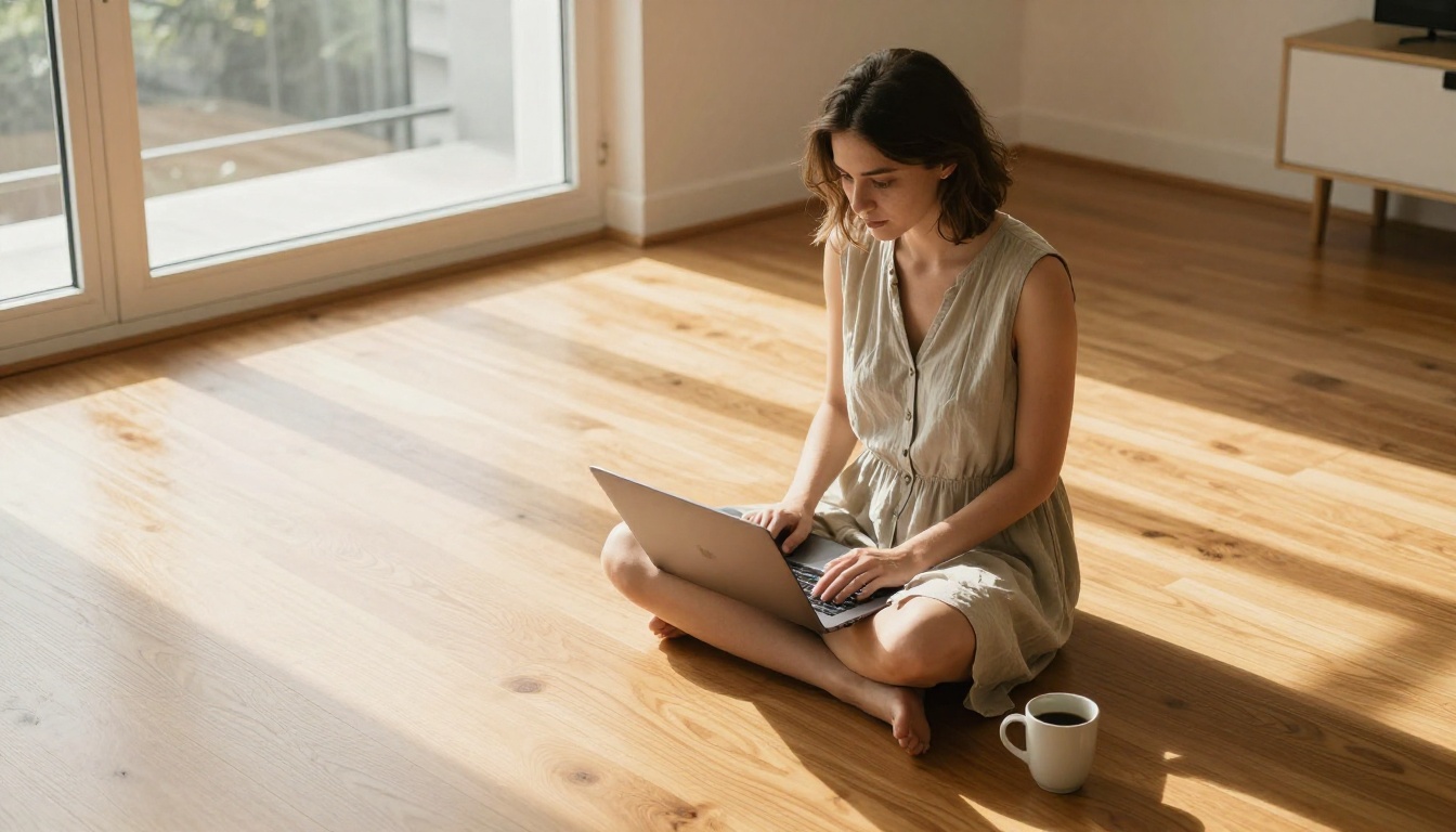 Woman in summer dress on hardwood floor with laptop