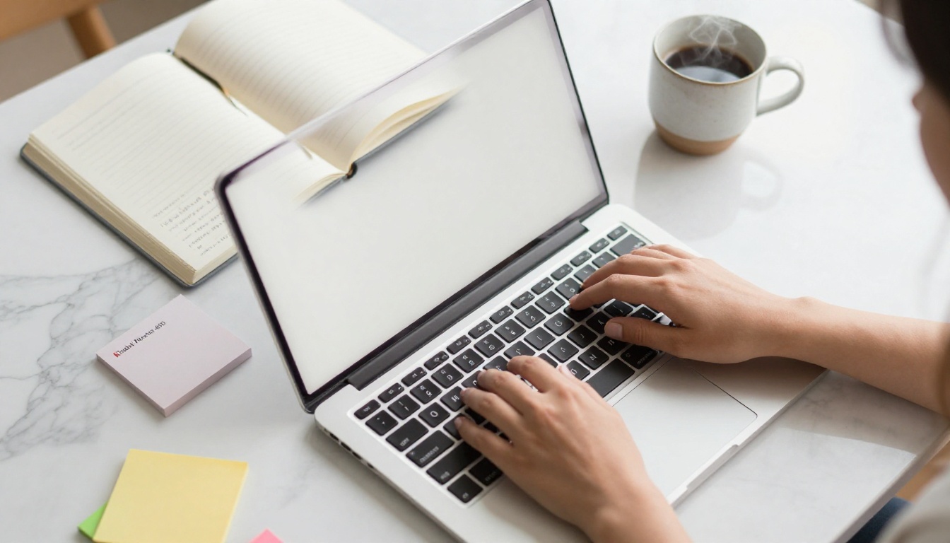 Overhead aerial view of desk workspace with hands typing