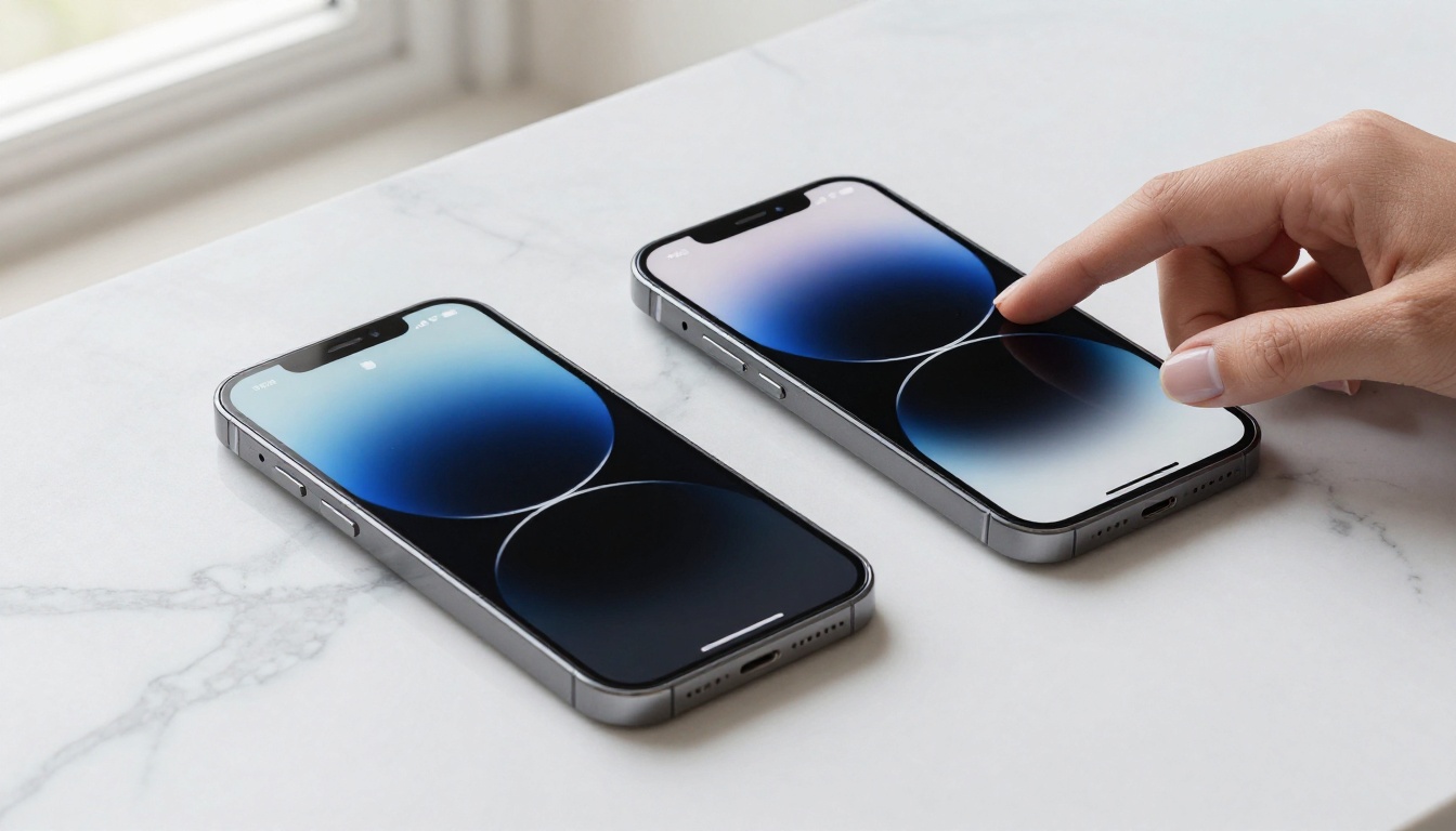 Two smartphones on marble with privacy screen display