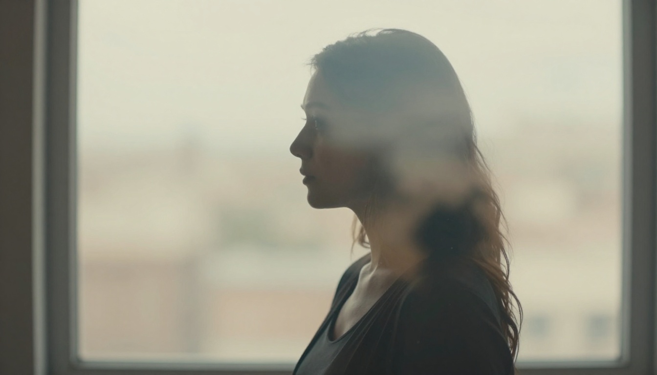 Woman silhouette double exposure at window, fine art