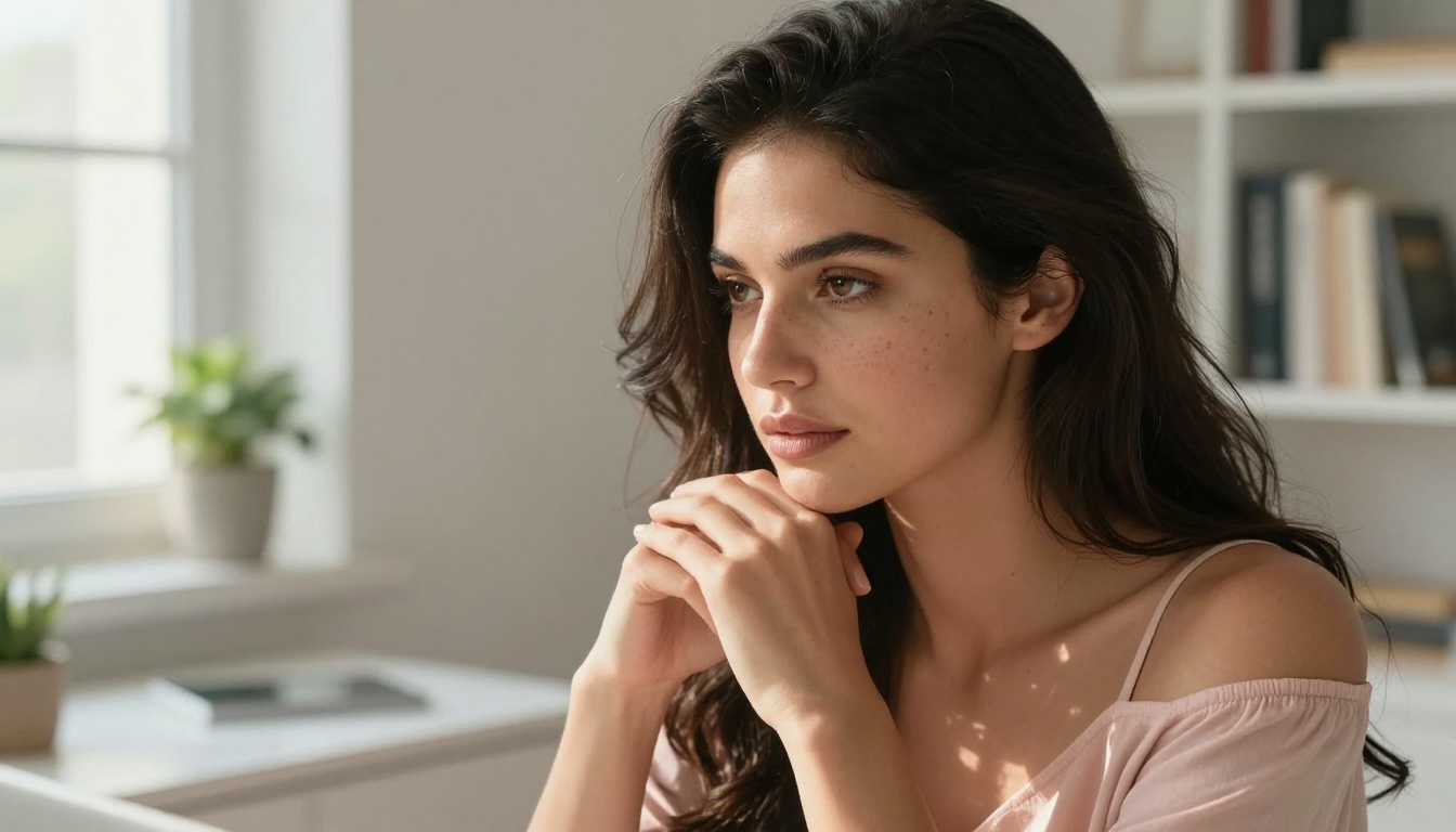 Thoughtful woman at desk interacting with AI companion app