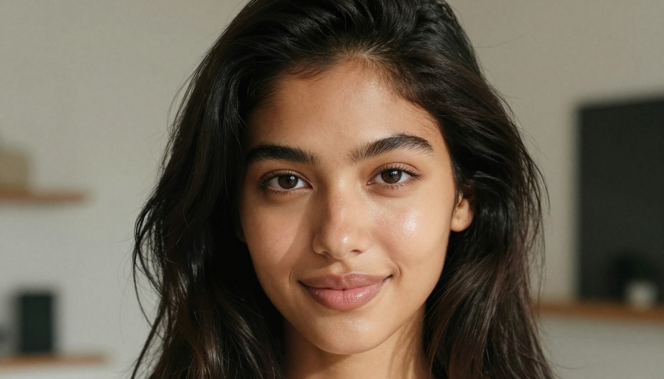 Close-up portrait of AI-generated photorealistic woman with dark hair and radiant skin