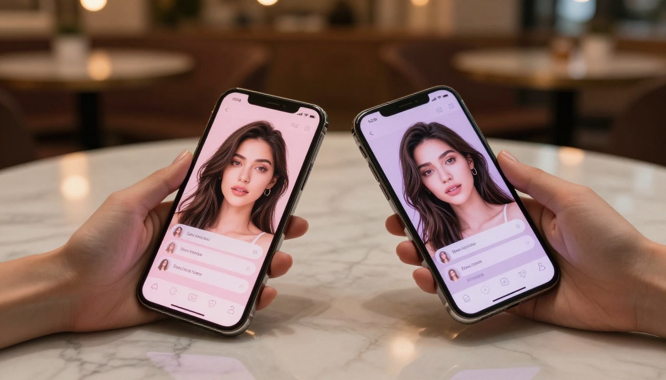 Two smartphones displaying AI companion app interfaces on marble surface