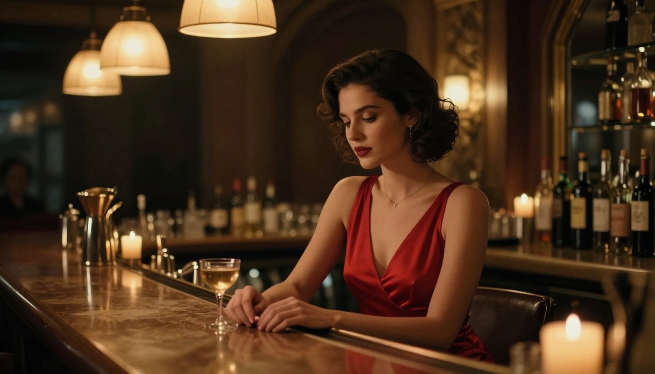 Beautiful woman in elegant red dress at a luxury hotel bar with warm amber lighting