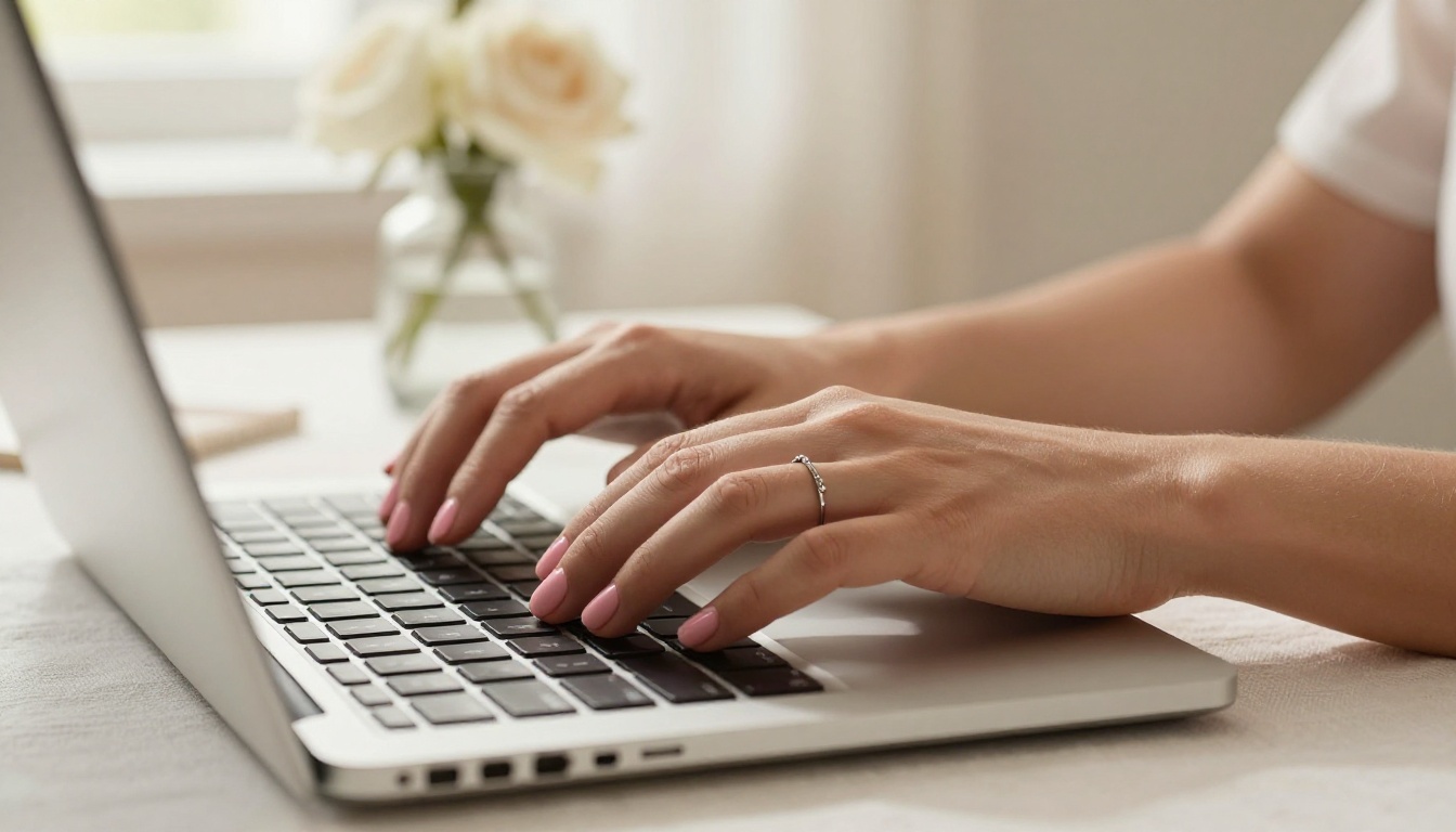 Close-up of elegant woman's hands with soft pink nails typing on a sleek laptop