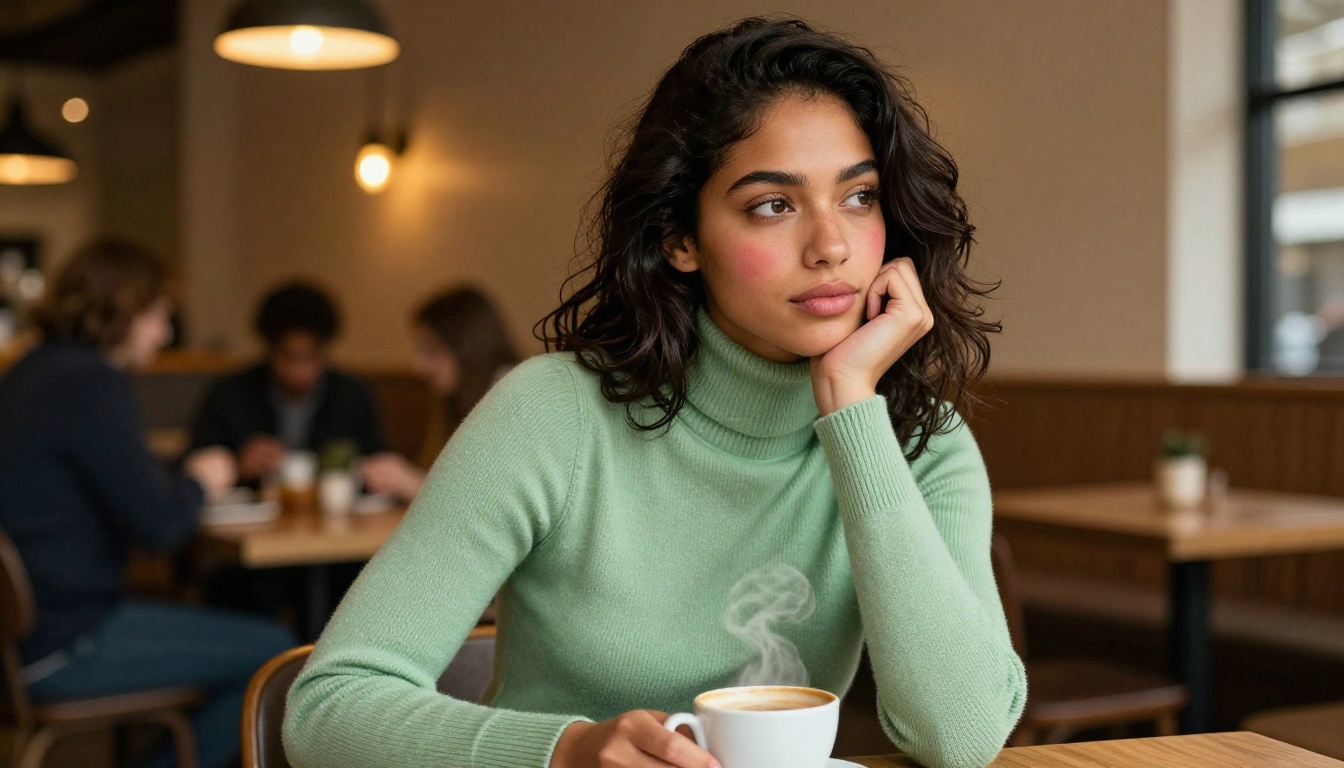 Young woman with olive skin and dark wavy hair sitting thoughtfully in a cozy café booth