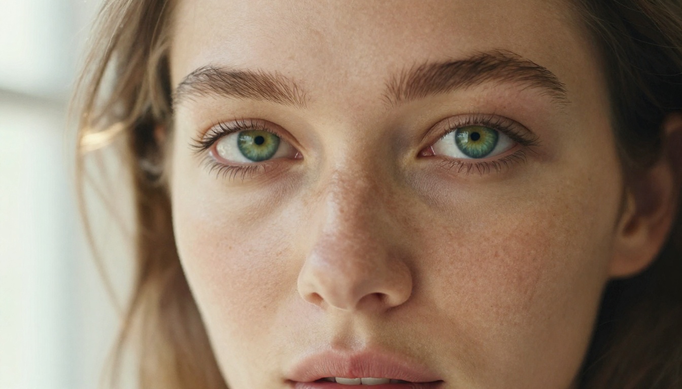 Close-up portrait of woman with green eyes and freckles in soft natural light